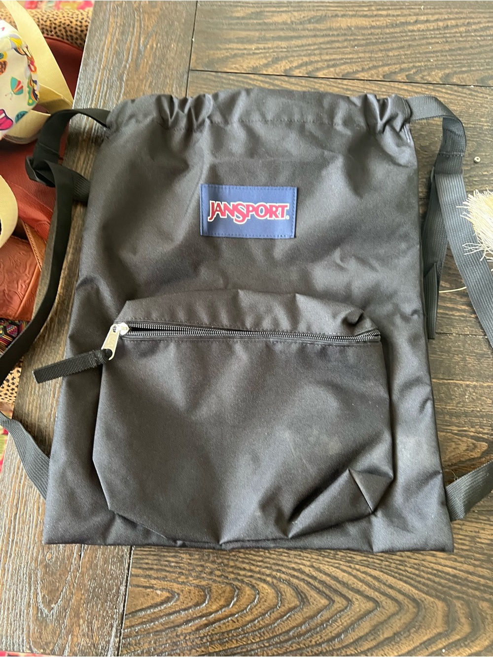 Jansport Black Drawstring Backpack with Front Zip Pocket